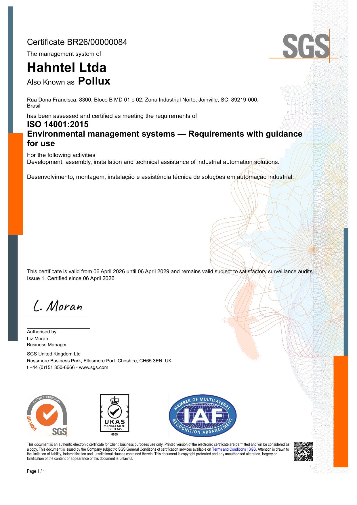 Prévia do certificado ISO 14001 da Pollux